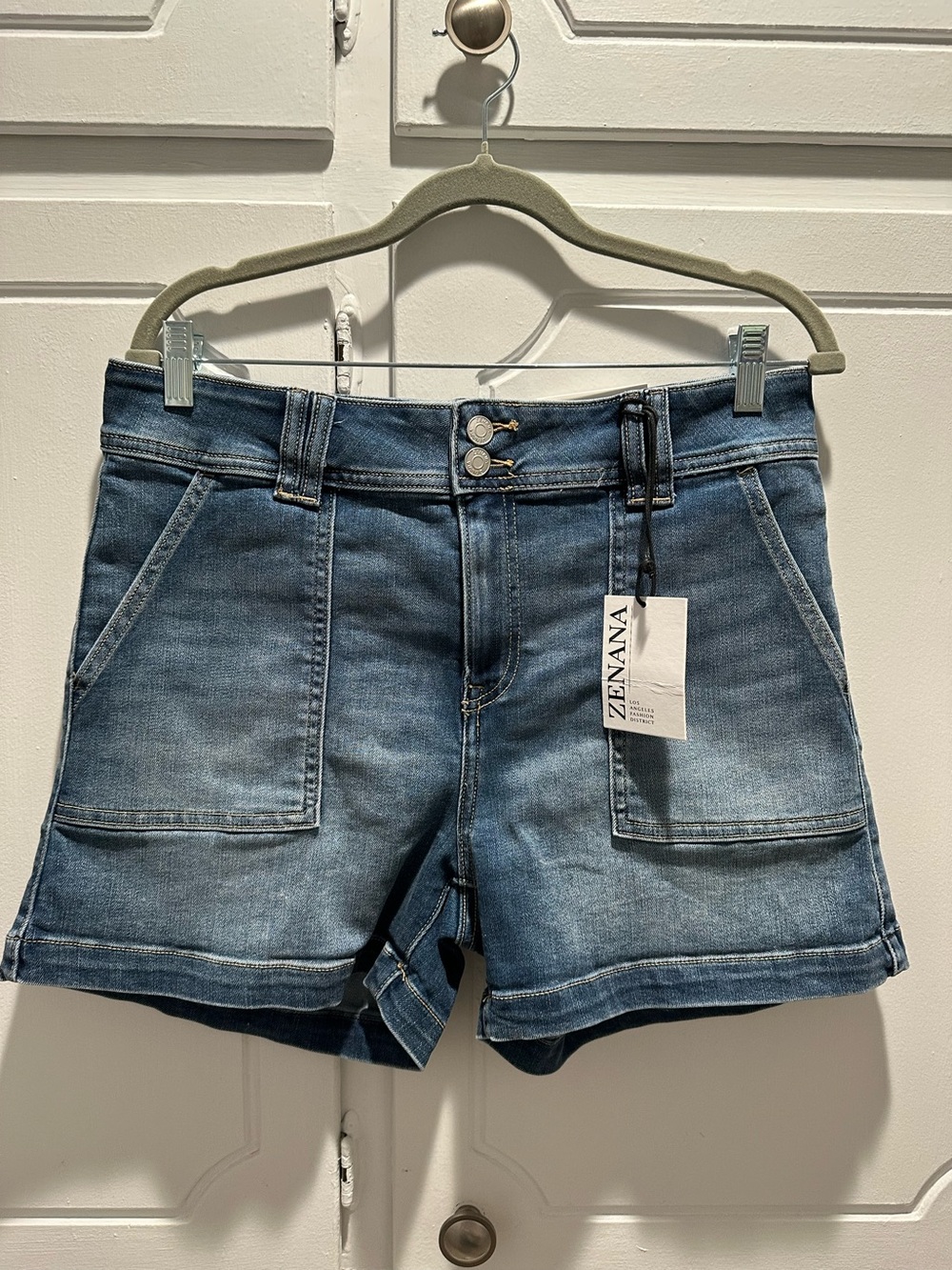 Zenana Outfitters Medium Blue Denim Patch Pocket Shorts